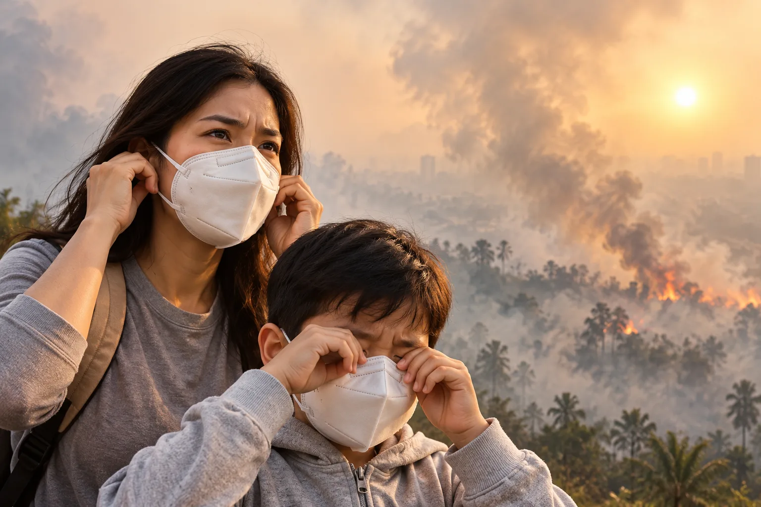 Ilustrasi warga memakai masker di tengah kabut asap